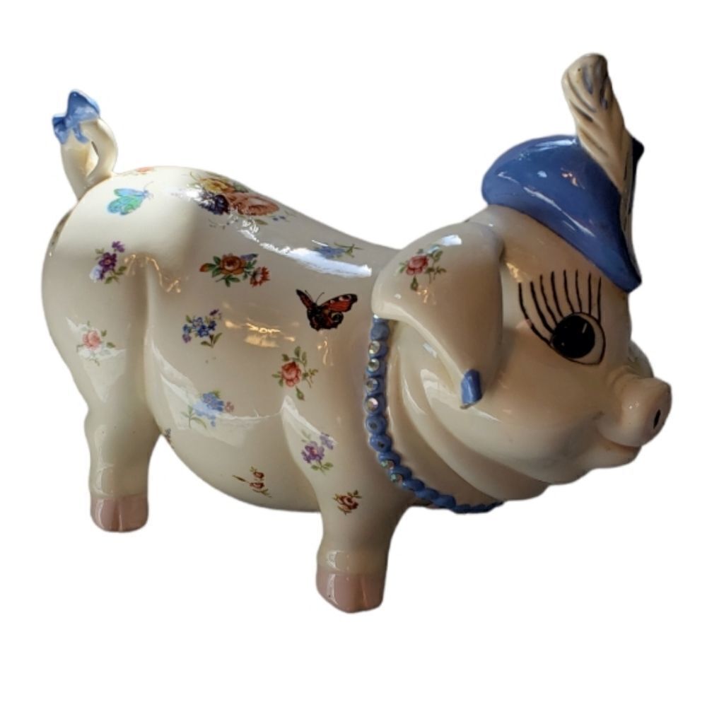 Vintage Big Pig w/Feathered Hat, Collar & Butterflies